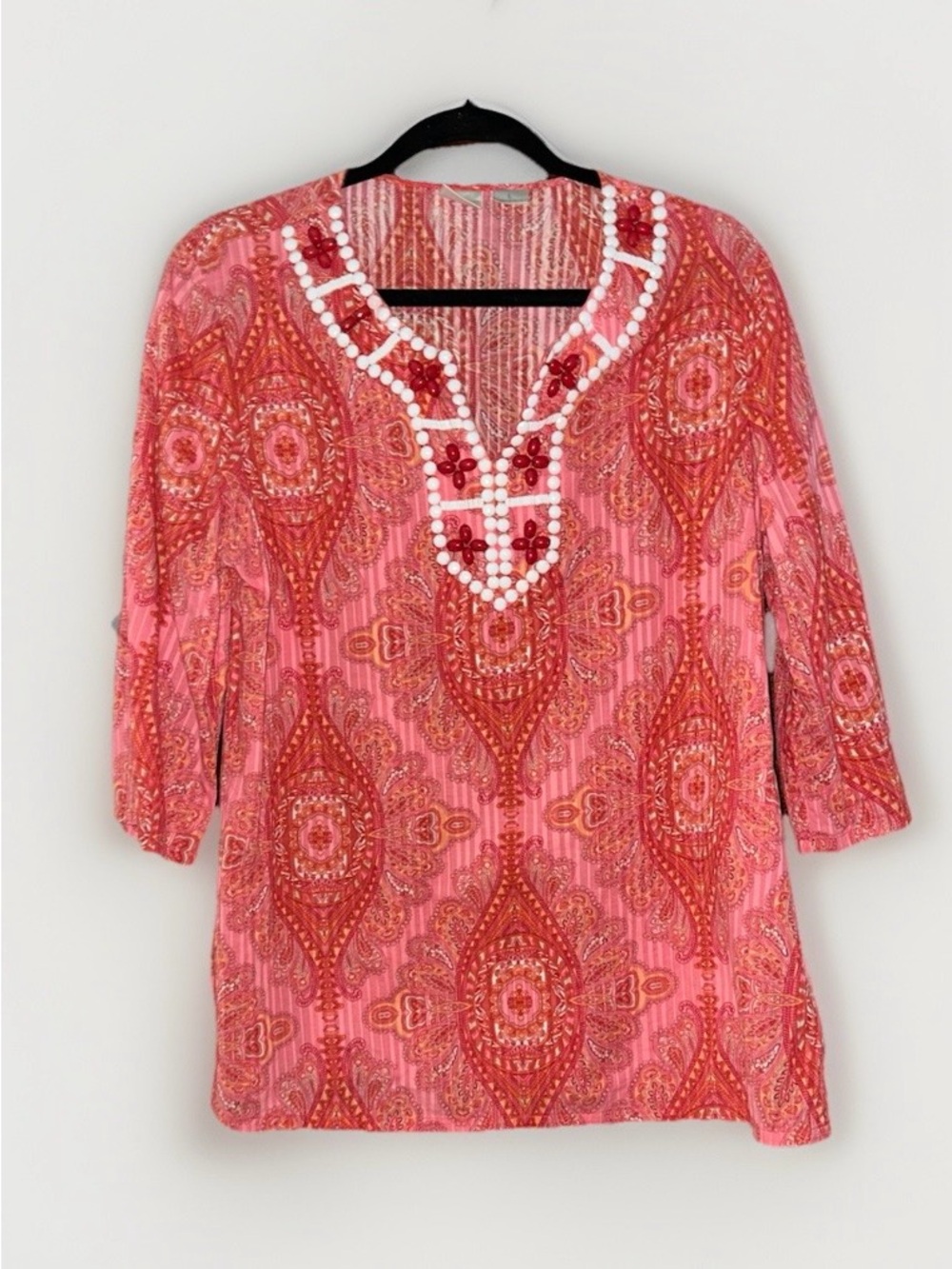 Emma James Women's Pink and Red Boho‎ Embellished 3/4 Sleeve Top